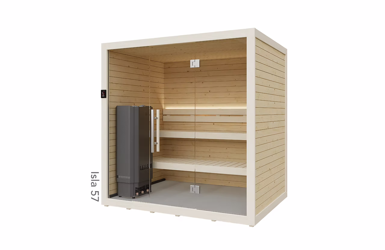 Compact wooden sauna with glass door and heater inside.