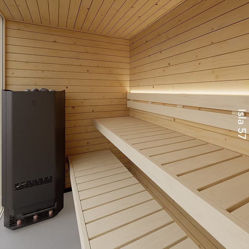 Cozy wooden sauna room with electric heater and tiered benches.