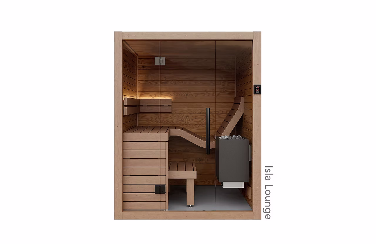 A wooden sauna interior with benches and a heater.