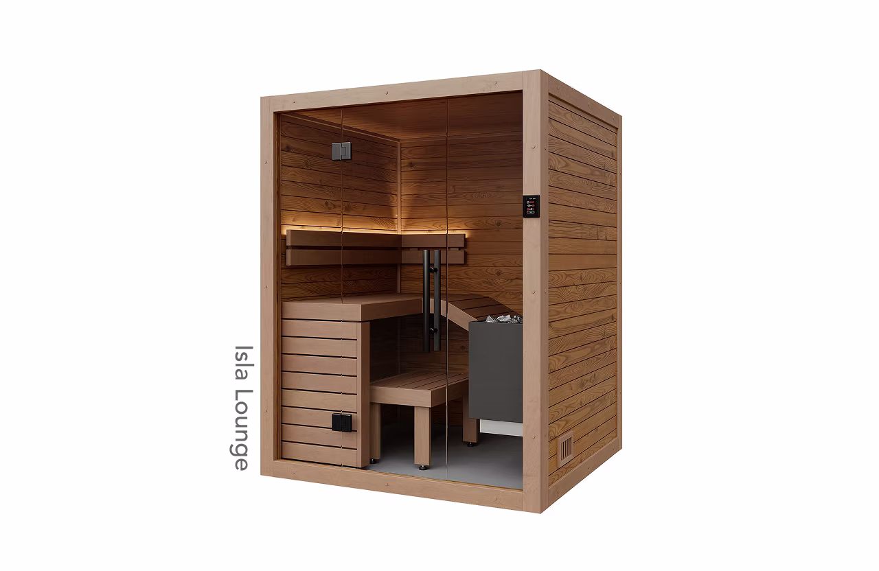 Compact wooden infrared sauna with bench and heater.