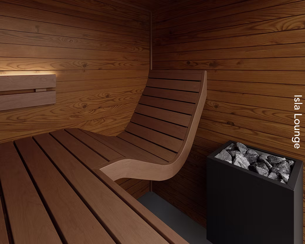 Modern wooden sauna interior with ergonomic seating and heater.