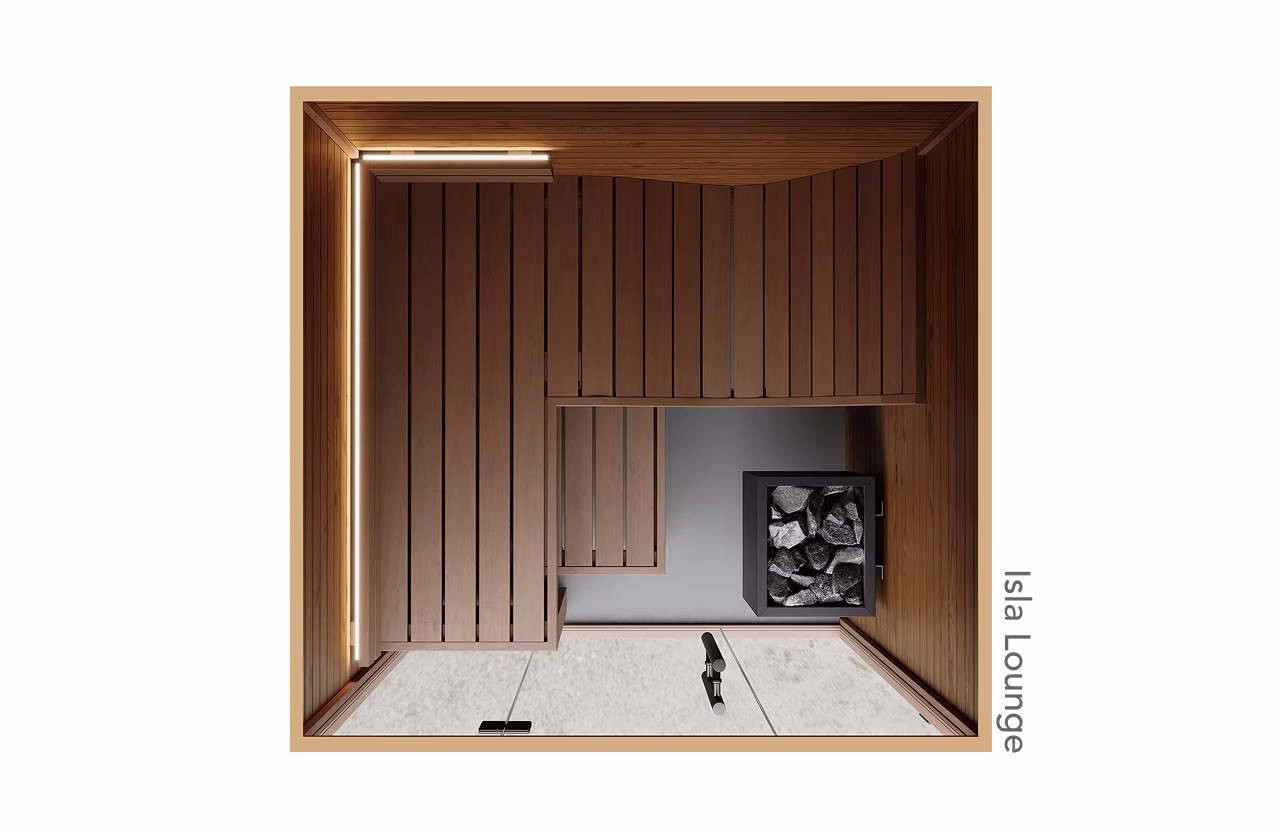 Minimalist lounge with wood-paneled walls and a ceiling fan.