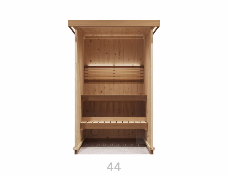 Empty wooden wardrobe with shelves and hanging rod.