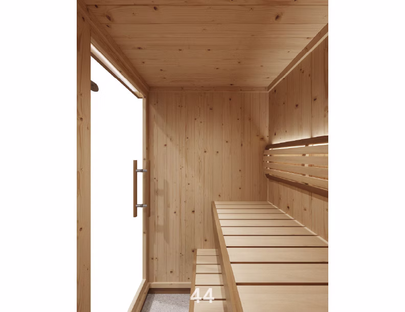 A wooden sauna with benches and a glass door.