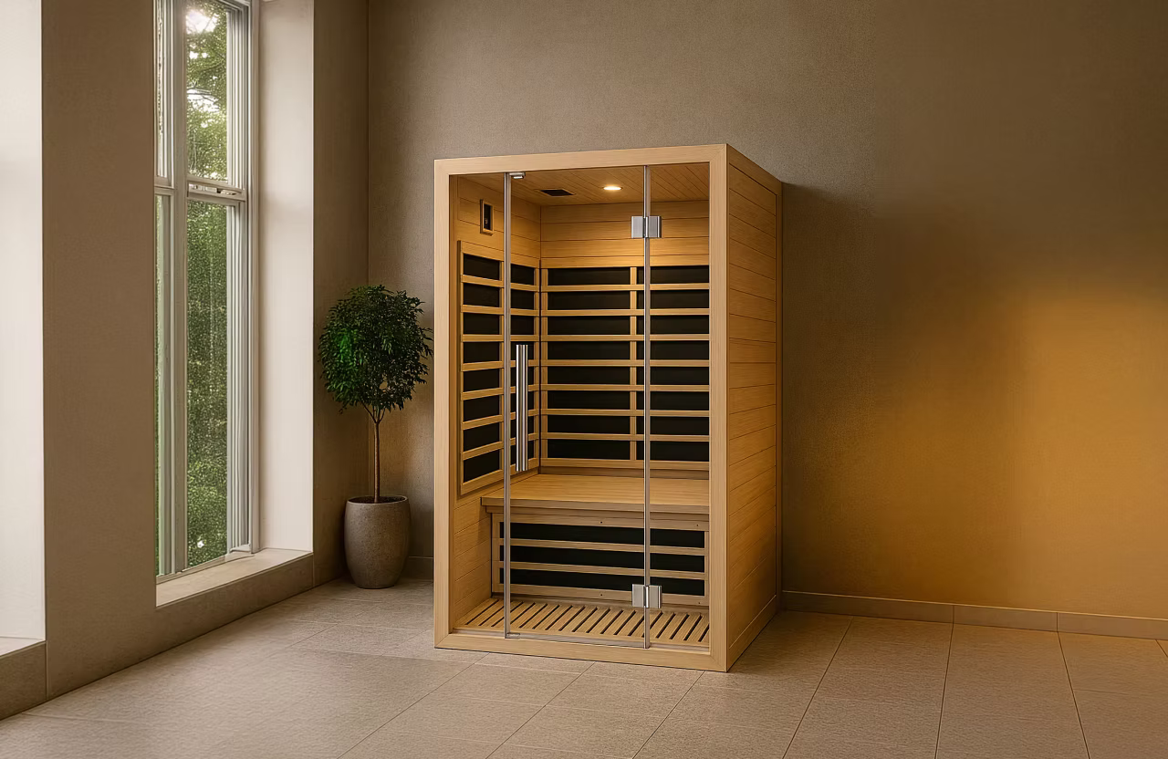 Modern wooden infrared sauna with bench and glass door.