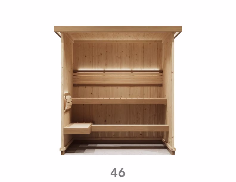 Wooden sauna room with benches and a heater inside.
