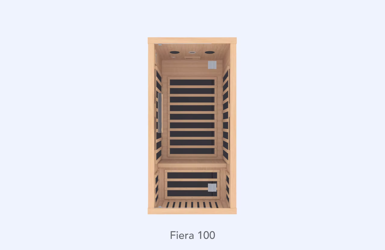 Compact wooden sauna with a glass door and black heating panels.