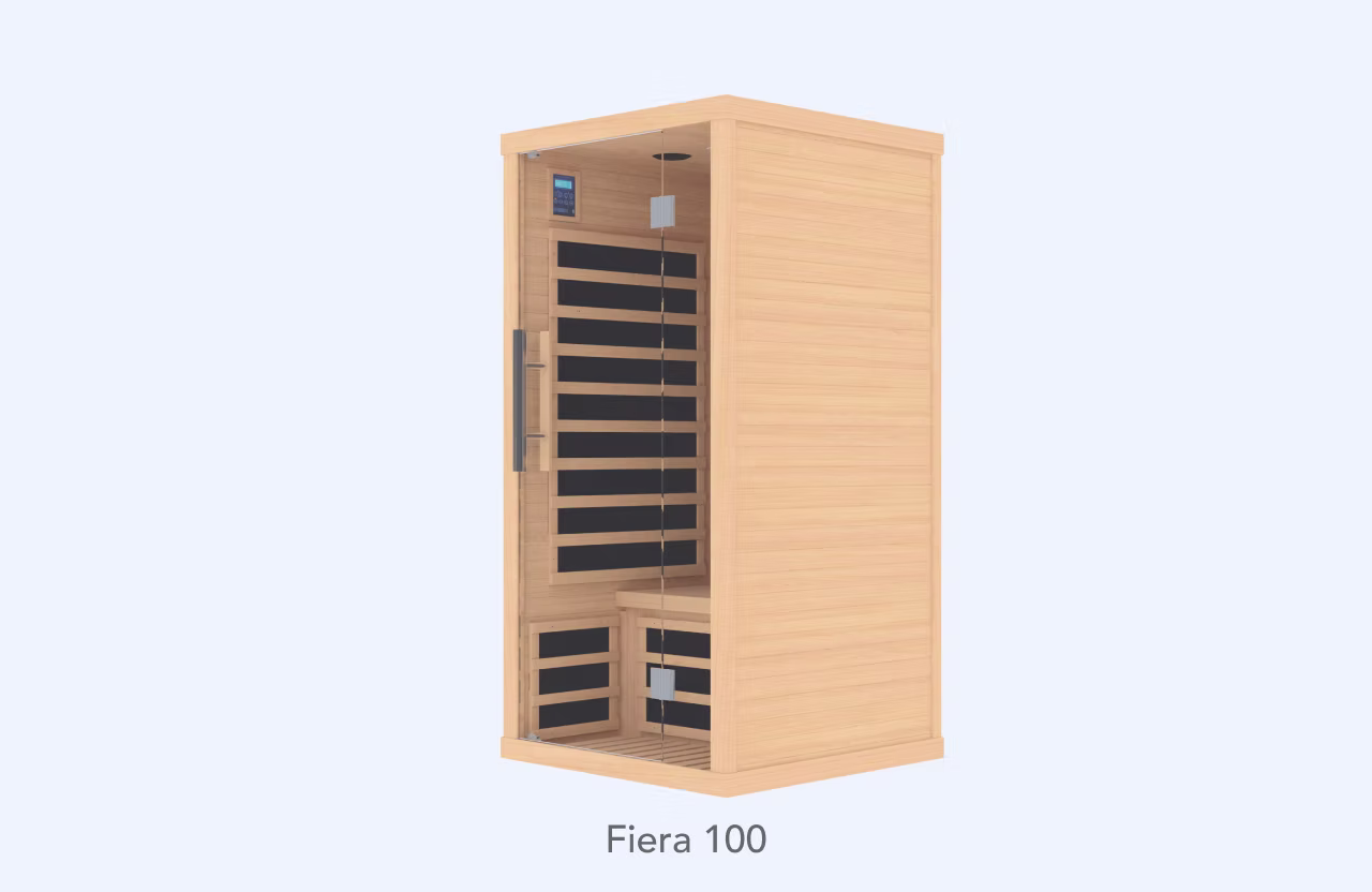 Wooden sauna cabin with glass door and interior benches.