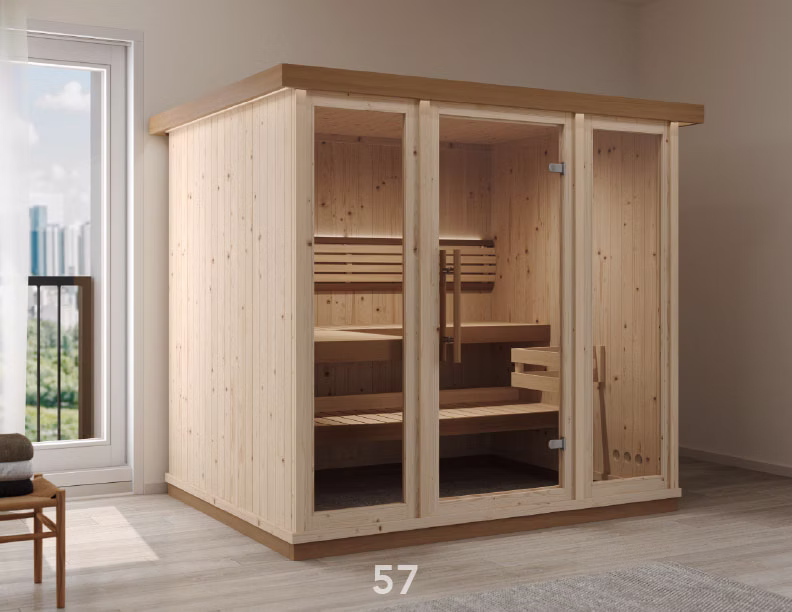Modern wooden home sauna with glass doors and interior seating.