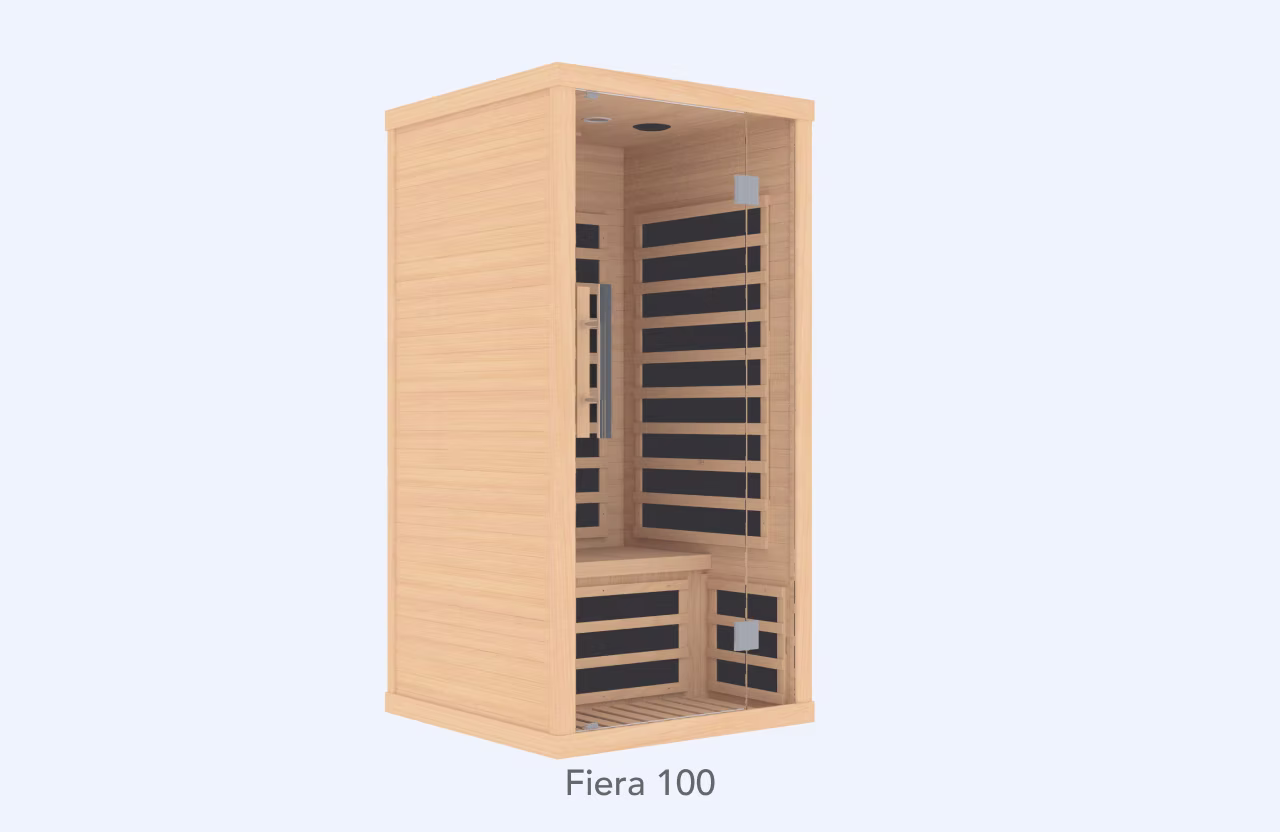 Modern wooden infrared sauna cabin labeled 'Fiera 100'.