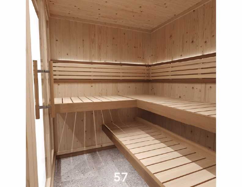 Cozy wooden sauna room with tiered benches and soft lighting.