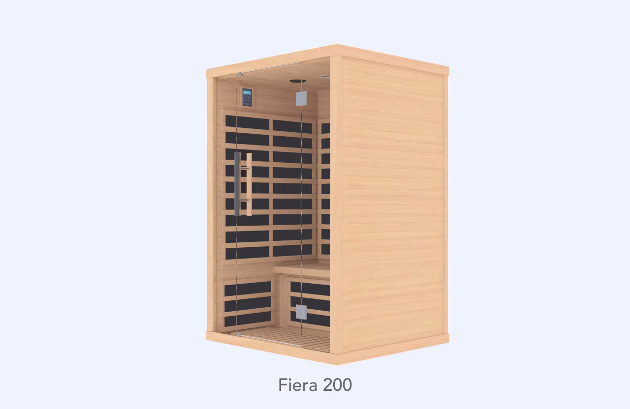 Wooden infrared sauna cabin named Fiera 200 with seating and heating panels.