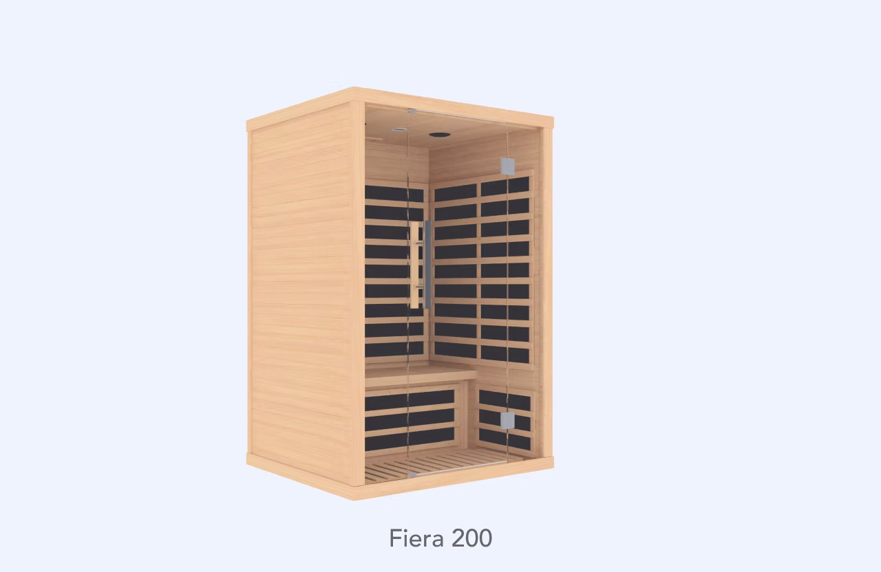 Modern wooden infrared sauna with black heating panels.